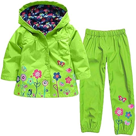 Baotung Conjunto de ropa para niños y niñas, 2 piezas, impermeable, chaqueta de lluvia, chubasquero con capucha y estampado floral + pantalones para la lluvia Cover
