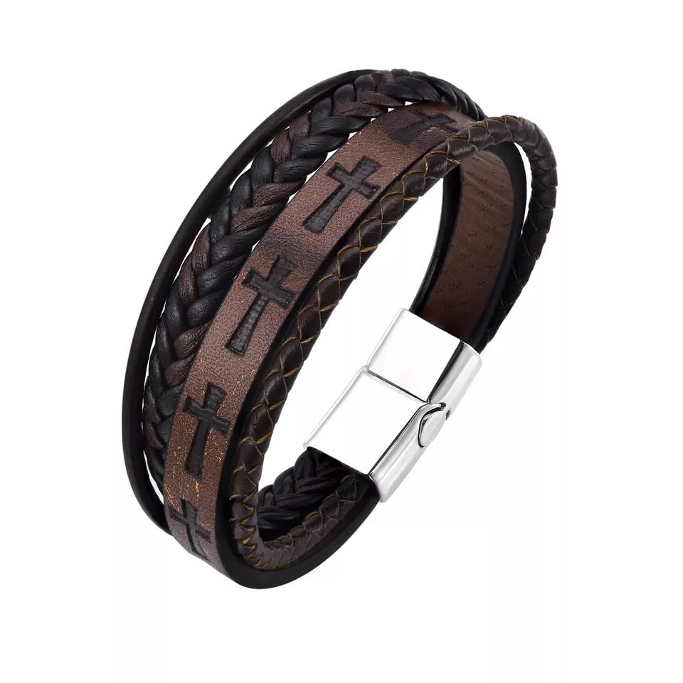 Hand-Woven Multilayer Charm Cross Design Leather Brown Bracelet For Men & Boys (B0D6KDPNJ1) Amazon Price History, Amazon Price Tracker