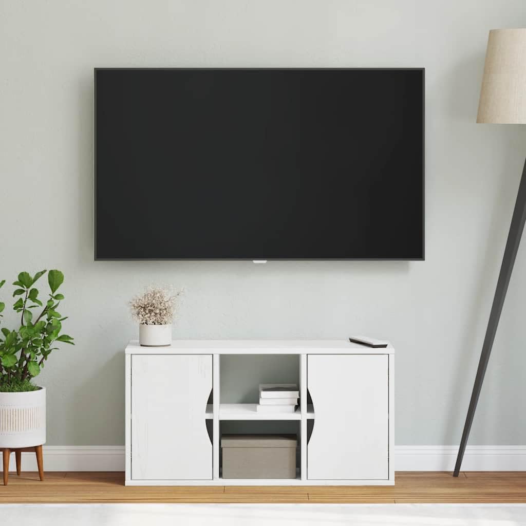 Szafka pod telewizor ODDA biała z litego drewna sosnowego, 79 x 24 x 40 cm, z miejscem do przechowywania, półką i szufladą do salonu, sypialni, nowoczesny Lowboard, kredens, komoda
