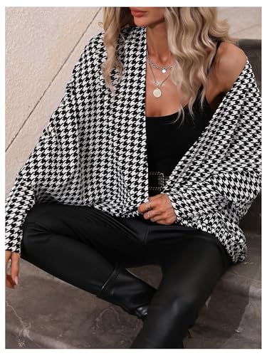 Image of SOLY HUX Women's Cardigan Houndstooth Open Front Long Sleeve Casual Fall Long Cardigans Black and White Houndstooth Small