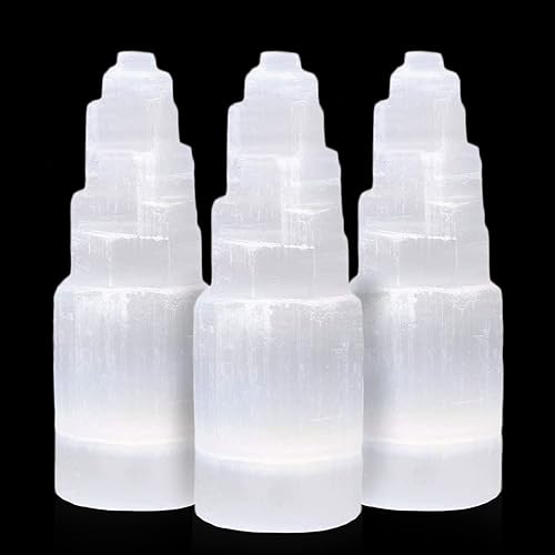 Himalayan Glow WBM - Torre de selenita rascacielos de 3.9 in, decoración natural para el hogar y meditación de piedra de selenita, 3 piezas, lámpara