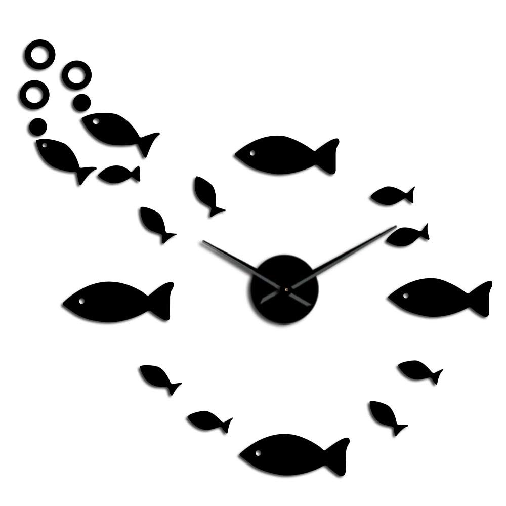 VCS Fish With Bubble DIY Giant Wall Clock Mirror Effect Wall Art Home Decor Aquarium Decoration Frameless Big Needle Clock(Black,47inch)