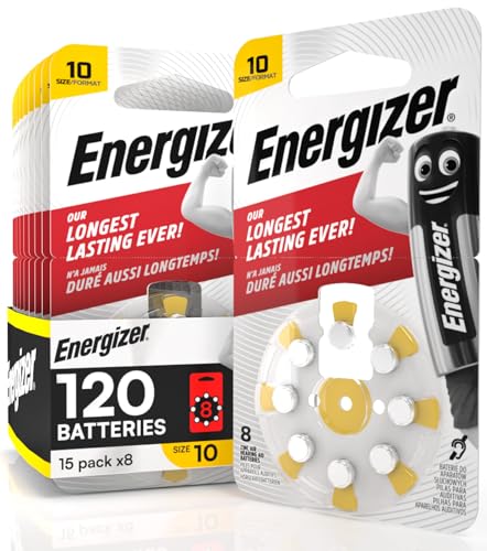 120 pilas acústicas Energizer para audífonos, tamaño 10, color amarillo, sin mercurio, 15 paquetes de 8 pilas