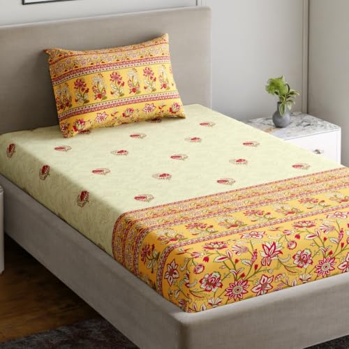 Image of Home Ecstasy 100% Cotton Single Bedsheet with 1 Pillow Cover - (Size 59 x 87 inches, TC, Colour - Yellow)