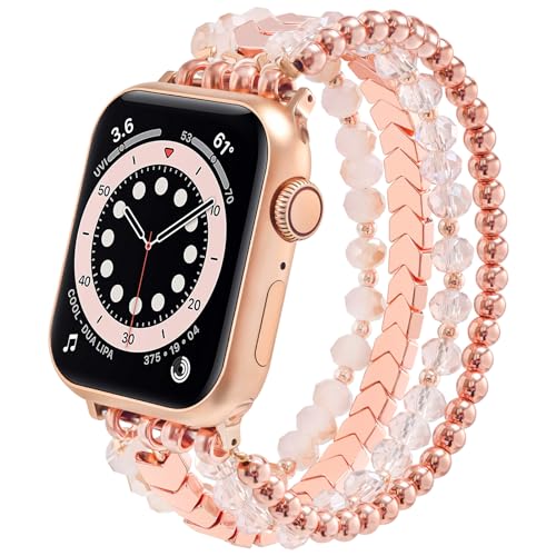 Image of MOFREE Beaded Bracelet Compatible for Apple Watch Band 38mm 40mm 41mm 42mm 44mm 45mm Women,Fashion Handmade Elastic Stretch Strap for iWatch Series SE 8 7 6 5 4 3 2 1