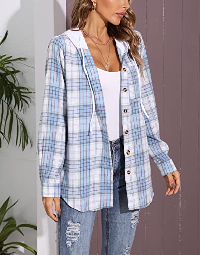 INFITTY Women's Buffalo Plaid Hoodie Long Sleeve Jacket Button Drawstring Casual Fall Shirts with Pocket2