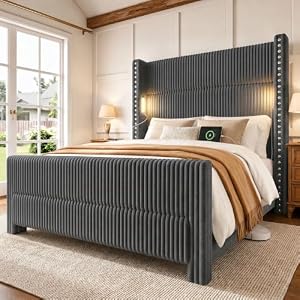 Queen Bed Frame with 56.7″ Tall Wingback Headboard &Reading Lights, Grey