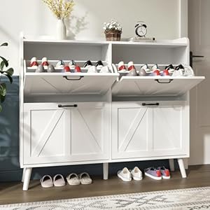Shoe Cabinet with 4 Flip Drawers Entryway Shoe Storage Cabinet Slim Freestanding Farmhouse Shoe Organizer Cabinet for Entryway Narrow Shoe Cabinet with Wooden Legs White