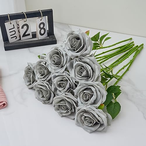 IUKnot Artificial Rose 10pcs Open Flower Bouquet Faux Rose Stems for Wedding Arrangement, Bridal Bouquet, Centerpiece, Fake Faux Silk Flowers (Grey) - Thumbnail 5