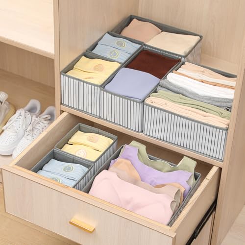 Image of House of Quirk Non-Woven Foldable Cloth Storage Box, Set of 8 Closet Dresser Drawer Organizer Containers for Underwear, Socks, Ties, Scarves with Drawers (Greek Blue), 28x28x13 cm