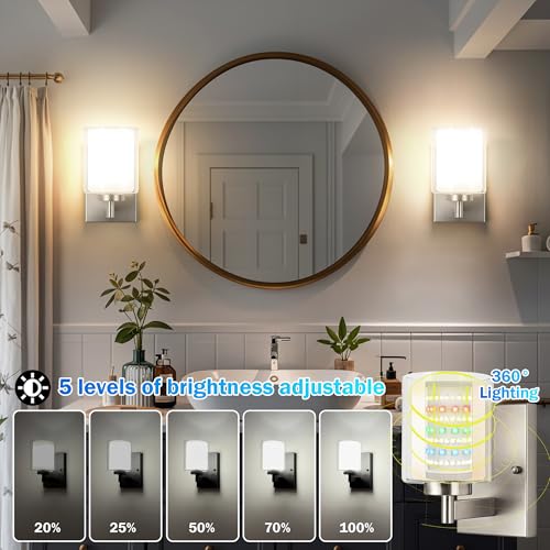 Image of Battery Operated Wall Sconce Set of 2, 10000mAh Wireless Rechargeable Wall Sconce with Remote Control, RGB Dimmable Bathroom Light Fixtures with Double Clear Glass Shade for Mirror Bedroom