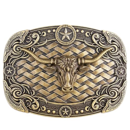 Image of HUABOLA CALYN Long Horn Bull Belt Buckles for Men Women American Flag Texas Star Belt Buckles