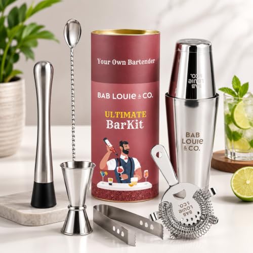 Image of Bab Louie & Co. Bar & Cocktail Set, Ultimate BarKit, Cocktail Shaker Set for Drink Mix, Set of 6 Stainless Steel & Anti Rust Bar Accessories, BarKit for Gift, Best Gifts for Bartender