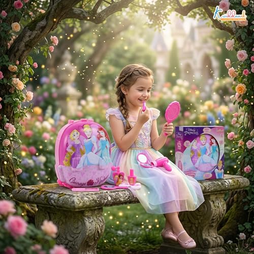 Image of Disney Princess 2-in-1 Backpack Dressing Table & Trolley Gift Set for Kids - 13 Pcs Pretend Play Makeup Kit with Electronic Dryer - Portable Vanity Toy |Birthday Gift for Girls Age 3+