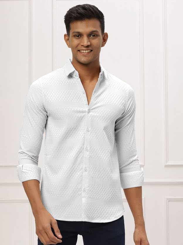 Image of Men's Polycotton Casual Textured Button Down Regular Fit Shirts Long Sleeve Shirt