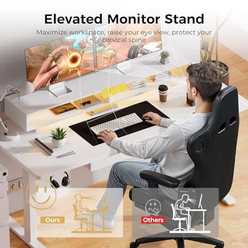 Image of GTPLAYER Electric Standing Desk with Drawers, 48 x 24 Inch Height Adjustable Gaming Desk with Monitor Stand, Power Outlets & LED Lights, Home Office Sit Stand Up Desk with Memory Preset (White)