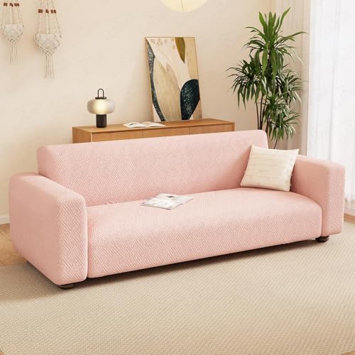 Image of Lukzer 5 Seater Pastel Pink Grid Maze Pattern Sofa Cover | 240 GSM Universal Stretch Fit 3+1+1 Jacquard Fabric Couch Protector | Fully Covered Anti Slip & Washable Sofa Cover (SC-108-05)