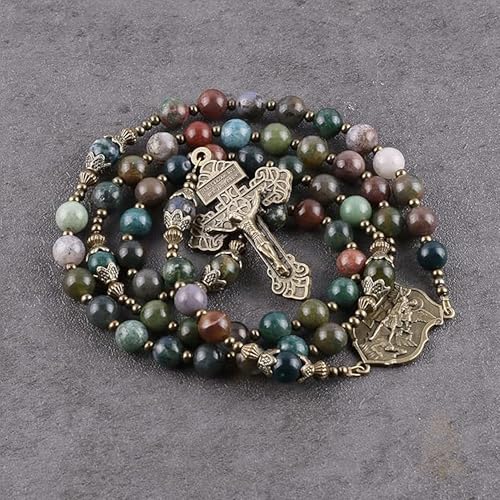 Catholic Town 8mm India Agate Natural Stone Beads, Large Rosary with Caps Saint Michael the Archangel Medal and Pardon Crucifix (CTROSSMA-IA)3