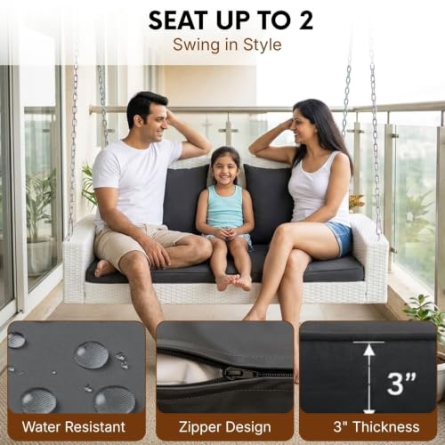 Image of DEVOKO All Weather Resistant Rattan Wicker Double Seater Sofa Swing with Cushions for Garden, Poolside, Terrace, Balcony (White & Dark Grey)