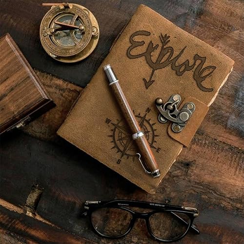 Image of DI-KRAFT Handcrafted A5 120 GSM Vintage Paper Printed Diary Leather Writing Diary With Buckle Lock Notebook Unruled Personal Diaries Leather Journal for Office - 5x7 Inch 200 Pages (Brown Quote2)