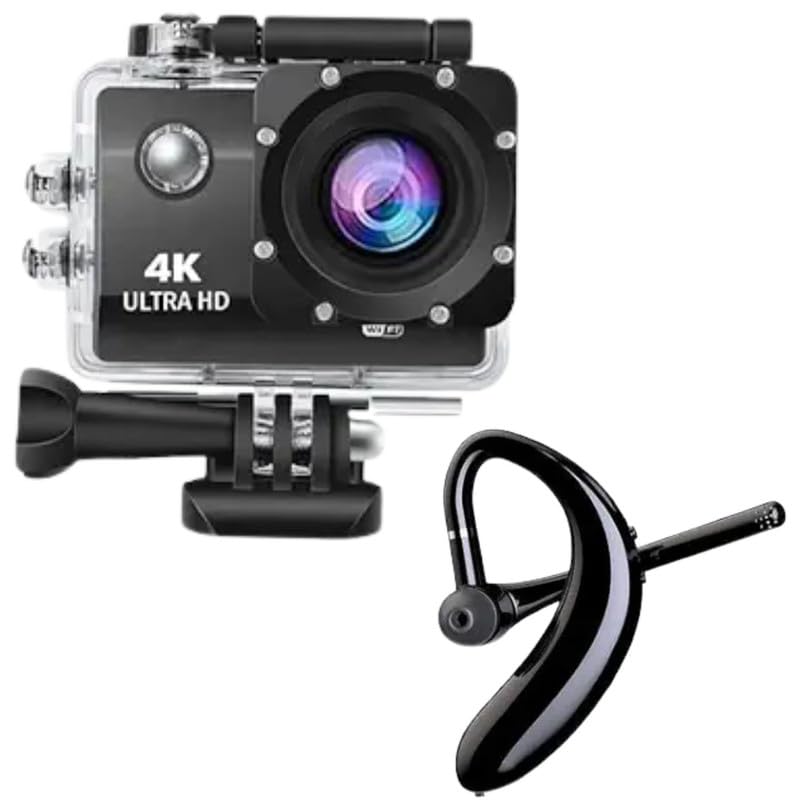 Drumstone Combo Pack of 2 Items- Touch Screen Sports Action Camera, 4K Waterproof Sport Camera with On Ear Bluetooth Wireless S109 Headphones for Running(Multicolor)