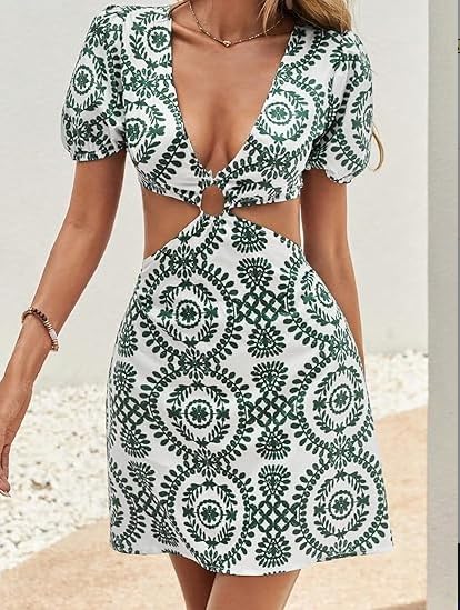 Image of SISKIN Summer Dresses for Women 2025 Vacation,Sexy Bodycon Cut Out Short Puff Sleeve Tie Back Dress for Women