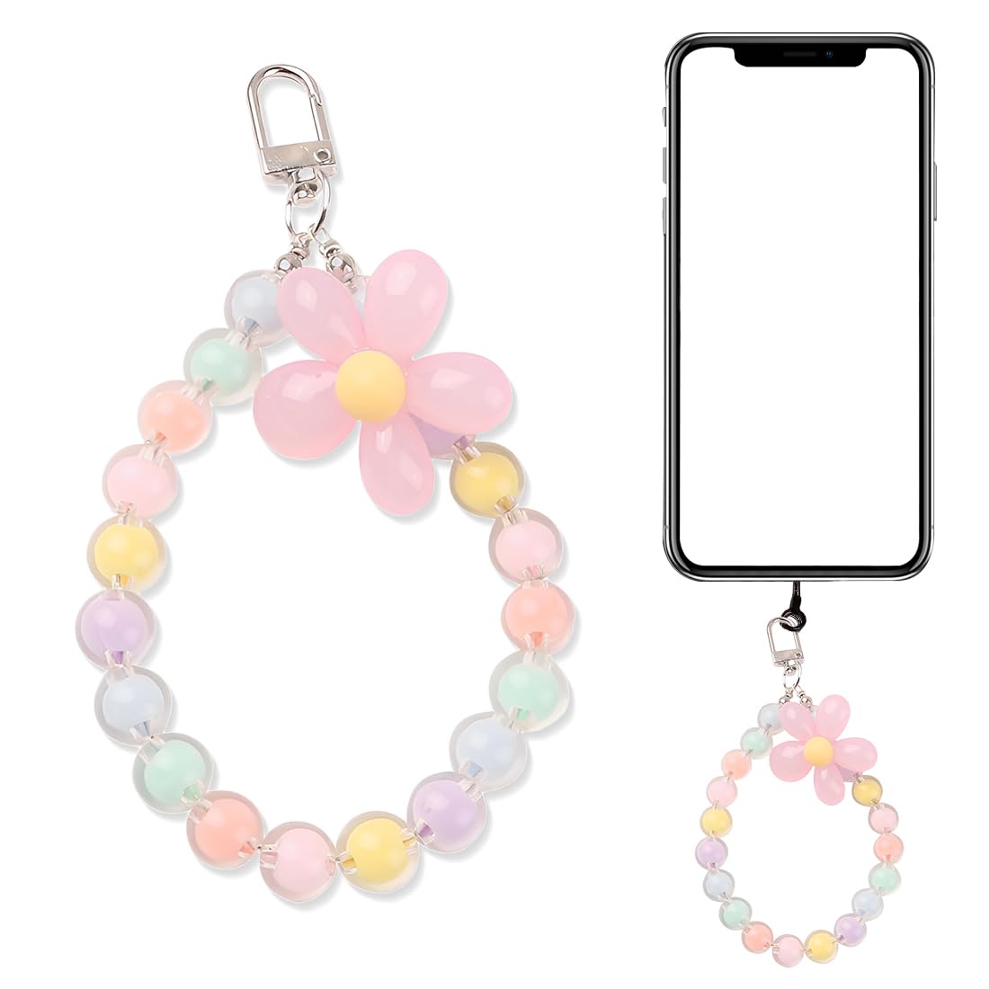 Chaîne de téléphone portable courte avec fleurs, bracelet porte-clés, lanière, perles pour téléphone portable, compatible avec tous les téléphones portables, cordon universel pour téléphone