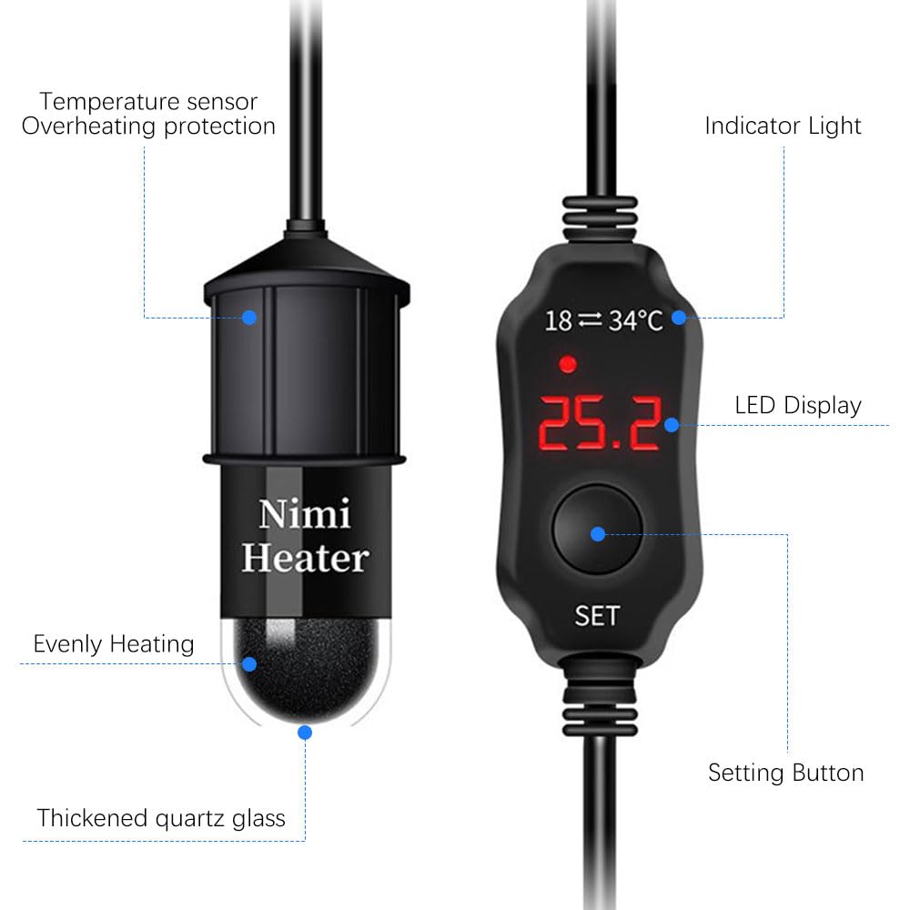 Mini Ogrzewacz do Akwarium, 10W Grzejnik do Akwarium na 4L Akwarium, Regulowany Grzejnik do Akwarium z Wyświetlaczem LED, Grzejnik do Akwarium z Regulacją Temperatury, Grzejnik do Akwarium na