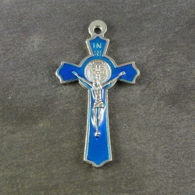 5cm bright blue St. Benedict cross with raised Jesus crucifix