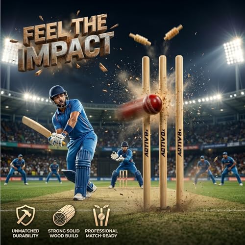 Image of Wooden Cricket Wicket Set Full Size with 1 Base, 2 Bails & 3 Wickets