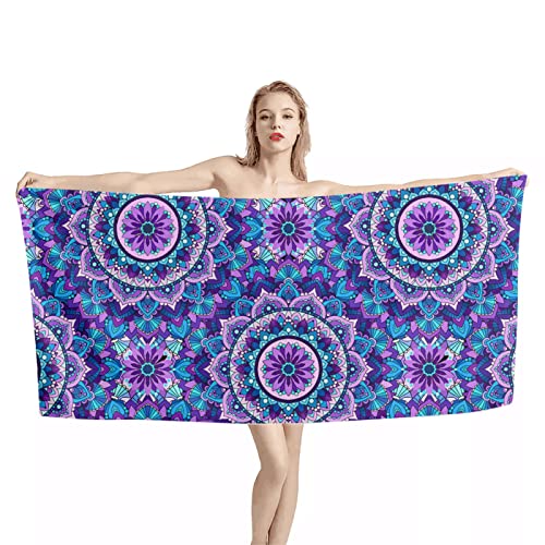INSTANTARTS Toallas de playa de gran tamaño con diseño de mandala morado, toallas de baño textiles para el hogar, toallas de baño ligeras de microfibra, toalla de spa de viaje,