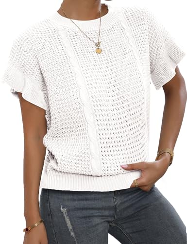 Image of Womens Short Sleeve Sweaters Ruffle Crewneck Pullover Sweater 2025 Casual Lightweight Summer Tops