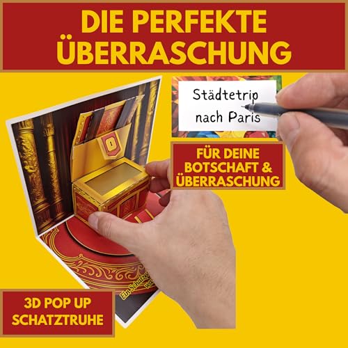 ASVP Shop Gutschein Karte 3D Pop-Up Schatztruhe mit Rubbelkarte – Gutschein zum Selberausfüllen für Geburtstag, Jubiläum, Weihnachten, Muttertag oder besondere Geschenke