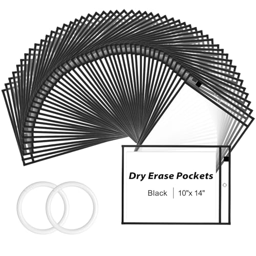 EEHZTSI 30 Packs Dry Erase Pocket Sleeves with 2-Ring, Reusable Clear Plastic Classroom Sleeves, 10x14 Inch Ticket Holders, Plastic Sleeves for School/Office Organization