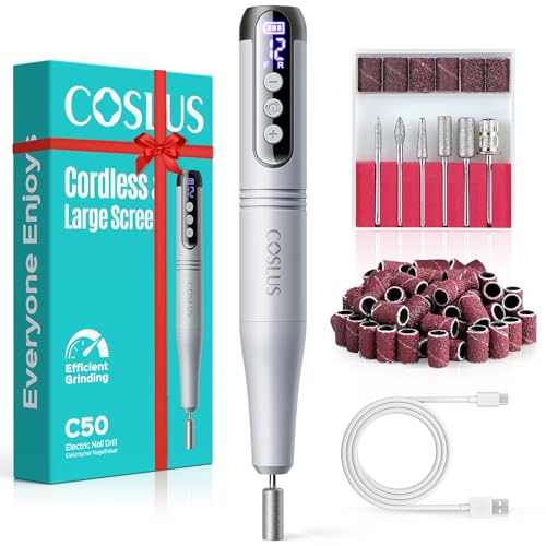 Image of COSLUS C50 Cordless Electric Nail Drill : 12-Speed Professional Nail File with LED Display for All Manicure Shaping & Gel Removal, Nail Art Practice Essentials, Home DIY & Portable Travel Use, Grey