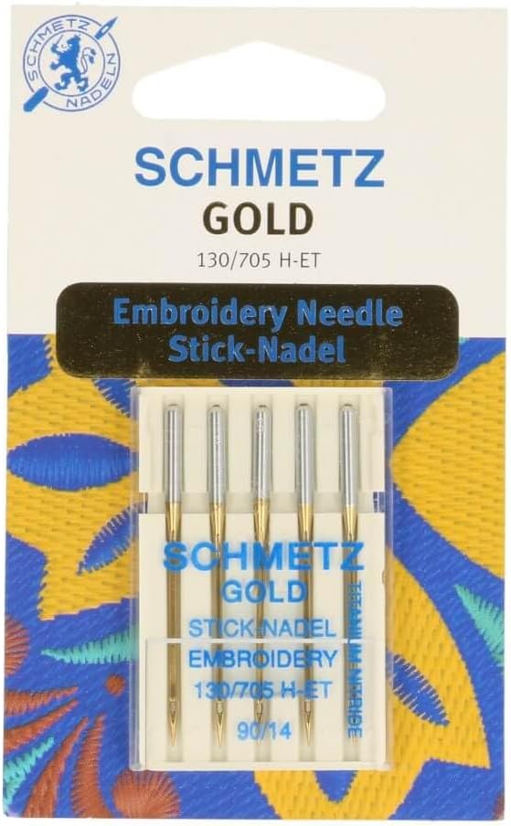 Sewing Machine Needles 5 Gold Embroidery Needles | 130/705 H-ET | Needle Thickness: 90/14 | Suitable for Embroidery Machines and Sewing with All Common Household Sewing Machines