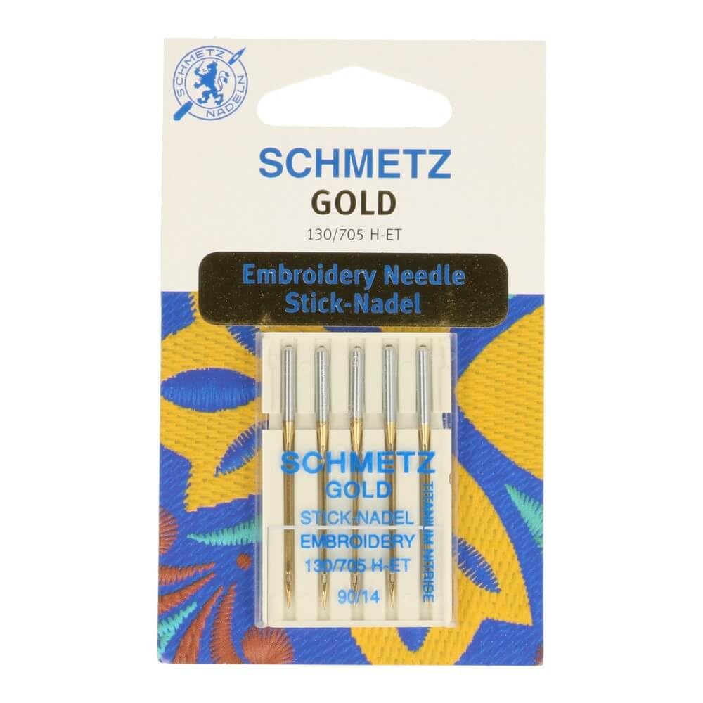 SCHMETZ Sewing Machine Needles 5 Gold Embroidery Needles | 130/705 H-ET | Needle Thickness: 90/14 | Suitable for Embroidery Machines and Sewing with All Common Household Sewing Machines