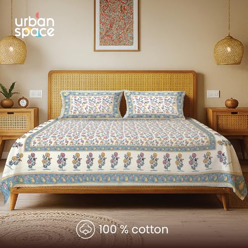 Image of Urban Space 100% Cotton Jaipuri Handblock Printed King Size Bedsheet with 2 Pillow Covers, 200 TC Cotton King Bedsheet (105 x 105 Inches, Jagmandir Blue)