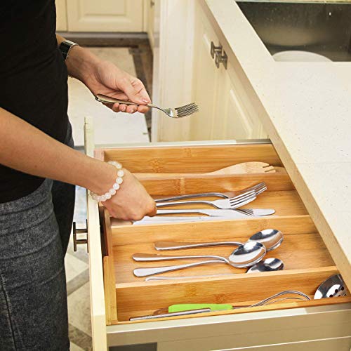 Bamburoba Drawer Dividers Silverware Tray Expandable Utensil Cutlery Tray Bamboo Wooden Adjustable 4 Compartments Flatware Organizer Kitchen Storage Holder For Knives Forks Spoons #TOP1