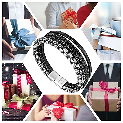 Image of Men's Leather and Steel Chain Bracelet with Clasp
