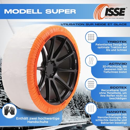 Schneeketten ISSE Super T-70 | Homologierte - EN 16662-1 - Textil-Schneeketten für Autos - Universelle Ketten für den täglichen Einsatz bei Schnee und Eis - Kit mit 2 Schneeketten + Handschuhe