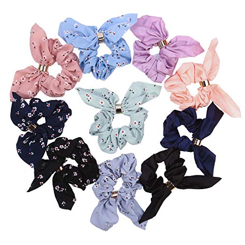 Wooyaya Rabbit Ear Hair Ties,Bow Scrunchies Solid Color and Floral Mixed Color, Blended Fabric Hair Ties, Soft Hair Scrunchies Head Flower Hair Accessories, Female Rubber Bands, mixed colors (10pcs)