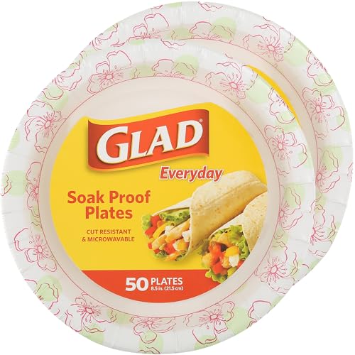 Glad Round Disposable Paper Plates, Pink Flower Pattern - Strong, Sturdy, Soak Proof, and Microwavable Decorative Plates for Dinner and Everyday Use, 8.5 Inch, 50 Count - 2 Pack