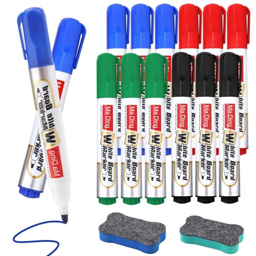 Whiteboard Markers, 12 Pcs Whiteboard Pens Big Erasable Dry Erase Markers with 2 Magnetic Erasers, 4 Colors Dry Wipe Pens for Kids Office Schools Home, Bullet Tip Low Odour