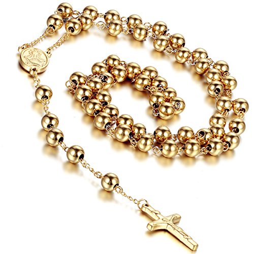 Flongo Womens Men's Stainless Steel 8mm Beads Gold Jesus Christ Crucifix Cross Rosary Pendant Necklace, 37 inch