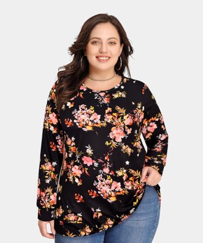 Image of CARCOS Plus Size Tops for Women Color Block Flower /Striped /Camo Crew Neck Long Sleeve Tee Shirt