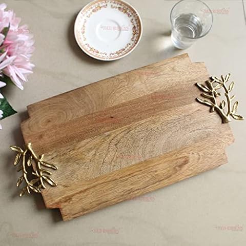 TIED RIBBONS Wood Serving Tray with Handles Food Platter Dishes (Brown, 45.7 cm x 22.8 cm) Decorative Handmade Serving Platter Tray for Dining Table Cafe Home Restaurants Cover