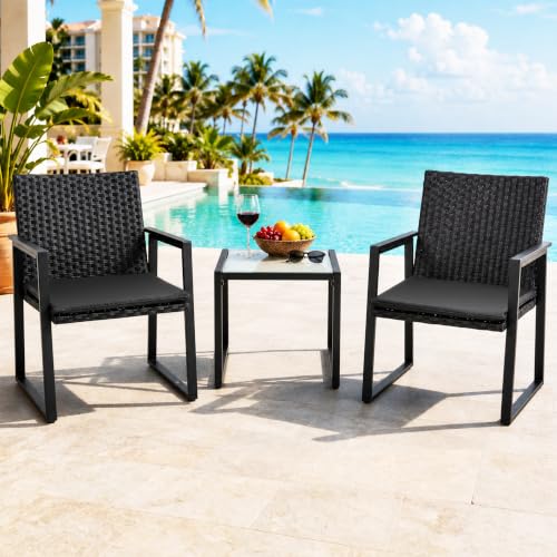 Image of Shintenchi 3 Pieces Wicker Patio Bistro Sets, Rattan Patio Conversation Set with Coffee Table, Outdoor Wicker Furniture Set for Lawn, Garden, Balcony (Black)
