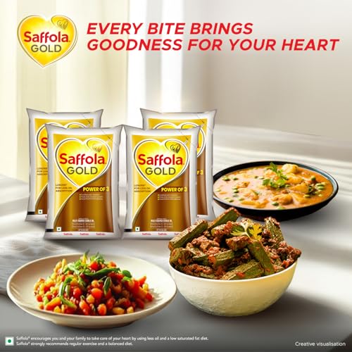 Image of Saffola Gold Refined Cooking oil | Power of 3 - Balance of Good Fats, Triple Anti-Oxidant System & Fortified with Vitamins | Multi-Source Edible Rice Bran & Sunflower Oil | 4 X 1 Litre Jar