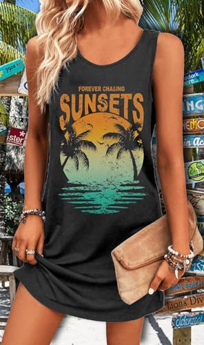 Image of Summer Tank Dress for Women Casual Vacation Sundress Coconut Tree Graphic Beach Cover Up